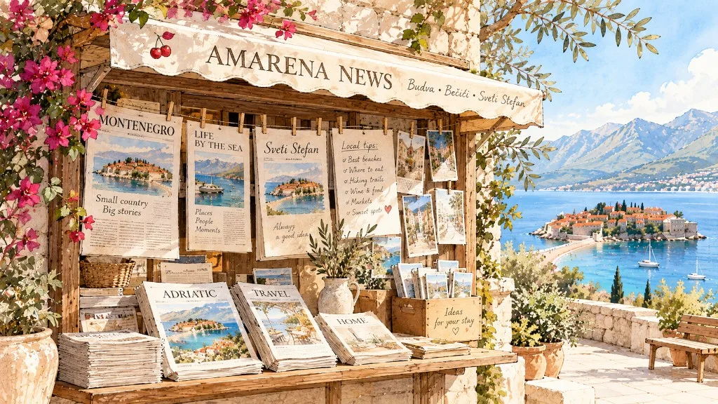 Amarena News: киоск с газетами у моря, вид на Свети-Стефан